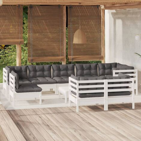 INLIFE Salon de jardin 10 pcs avec coussins Blanc Bois de pin massif (1/5)
