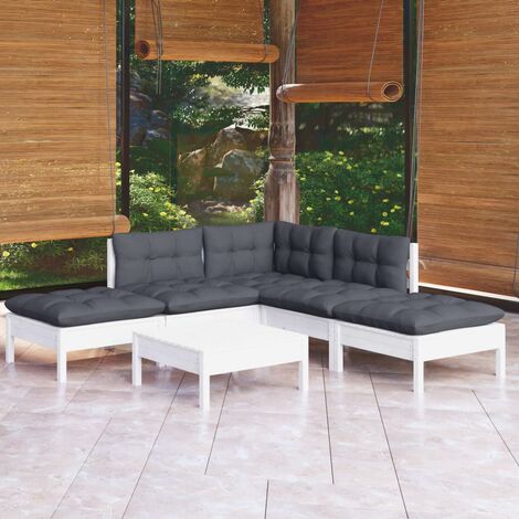 INLIFE Salon de jardin 6 pcs avec coussins Blanc Bois de pin (1/5)