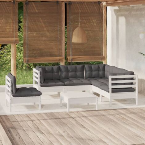 INLIFE Salon de jardin 6 pcs avec coussins Blanc Bois de pin (1/5)