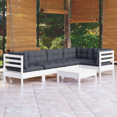 INLIFE Salon de jardin 6 pcs avec coussins Blanc Bois de pin (1/5)