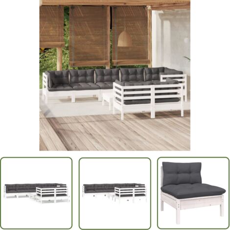 INLIFE Salon de jardin 9 pcs avec coussins Blanc Bois de pin massif (1/5)