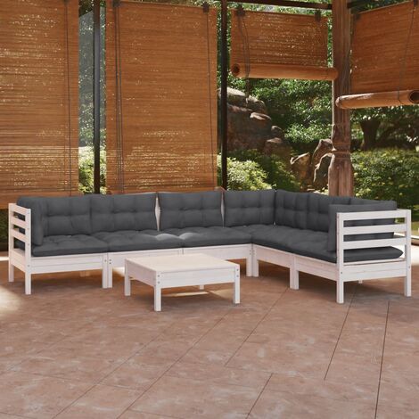 INLIFE Salon de jardin 7 pcs avec coussins Blanc Bois de pin solide (1/5)