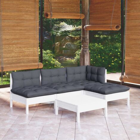 INLIFE Salon de jardin 5 pcs avec coussins Blanc Bois de pin (1/5)
