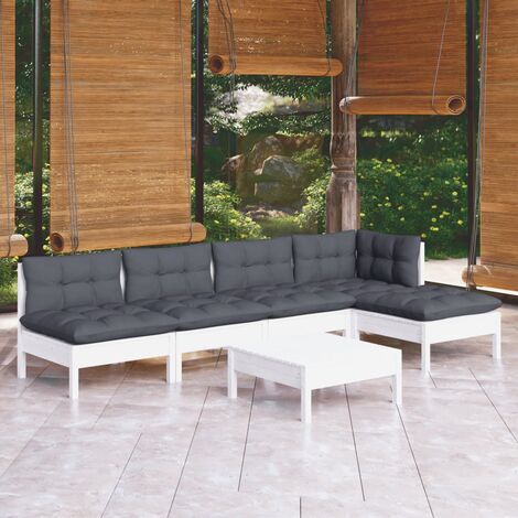 INLIFE Salon de jardin 6 pcs avec coussins Blanc Bois de pin (1/5)