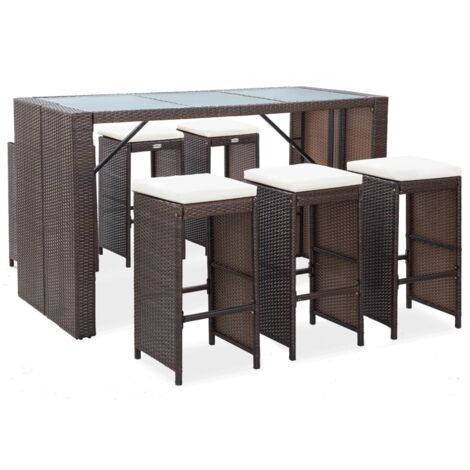 INLIFE Meuble de bar de jardin 7 pcs et coussins Résine tressée Marron (1/5)