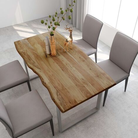 Table de salle à manger 160x80x76 cm en bois d'acacia massif – Surface polie et laquée – Pieds en acier pour style industriel