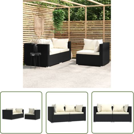 INLIFE Salon de jardin 3 pcs avec coussins Noir Résine tressée (1/5)