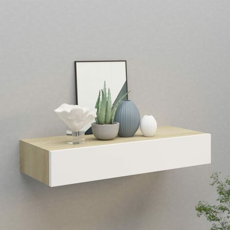 INLIFE Étagère à tiroir murale Chêne et blanc 60x23,5x10 cm MDF (1/5)