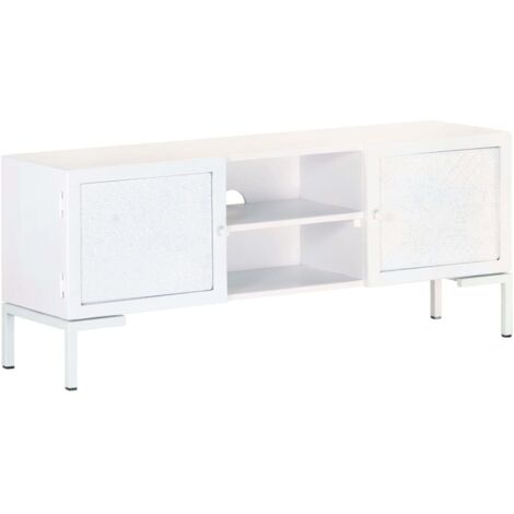 Meuble TV Blanc 115x30x46 cm Bois massif de manguier (1/5)