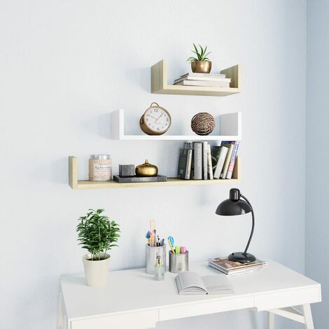 SKM Étagères murales 3 pcs Blanc et chêne sonoma Aggloméré (1/5)