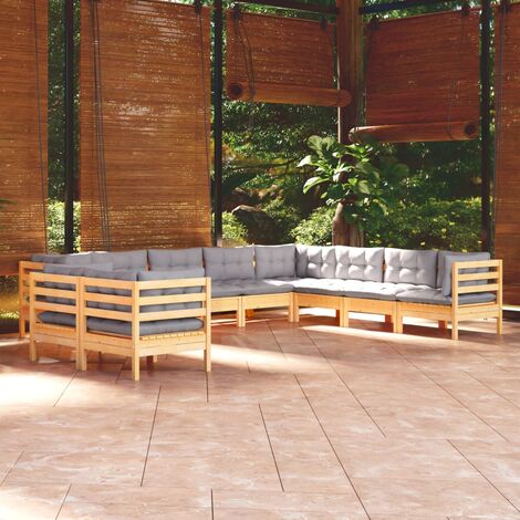 INLIFE Salon de jardin 10 pcs avec coussins gris Bois de pin solide (1/5)
