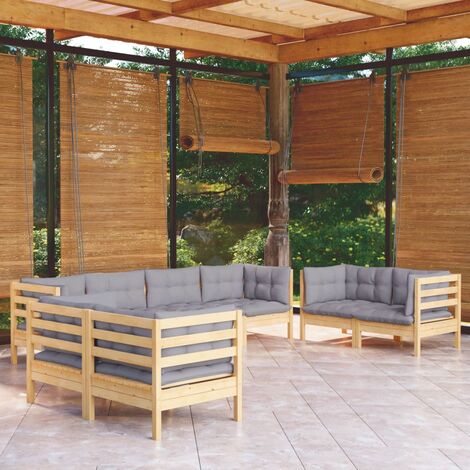 INLIFE Salon de jardin 8 pcs avec coussins gris Bois de pin massif (1/5)