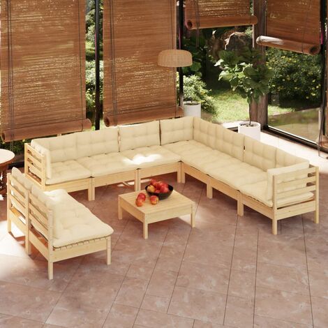 INLIFE Salon de jardin 10 pcs avec coussins crème Bois de pin solide (1/5)