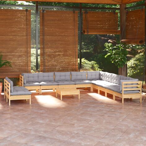 INLIFE Salon de jardin 12 pcs avec coussins gris Bois de pin massif (1/5)