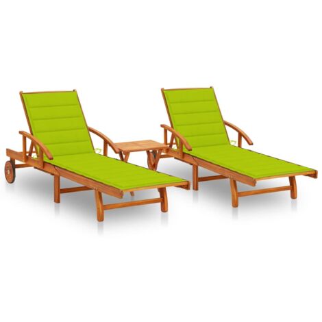 INLIFE Chaises longues 2 pcs avec table et coussins Acacia solide (1/5)
