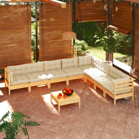 INLIFE Salon de jardin 9 pcs avec coussins crème Bois de pin solide (1/5)
