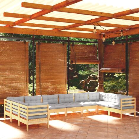 INLIFE Salon de jardin 10 pcs avec coussins gris Bois de pin (1/5)