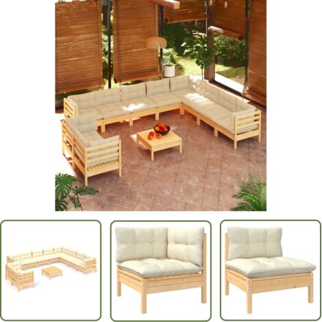 INLIFE Salon de jardin 11 pcs avec coussins crème Bois de pin solide (1/5)