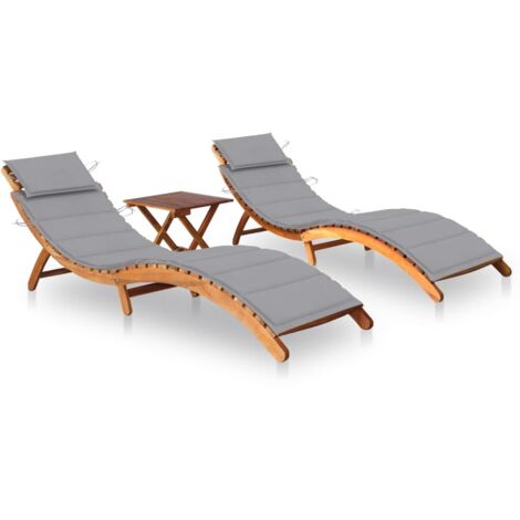 INLIFE Chaises longues 2 pcs avec table et coussins Acacia solide (1/5)