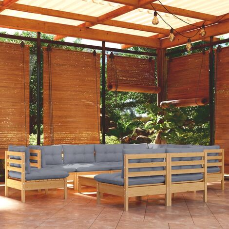 INLIFE Salon de jardin 10 pcs avec coussins gris Bois de pin solide (1/5)