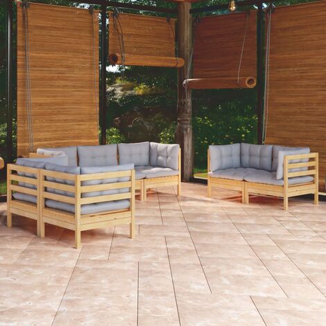 INLIFE Salon de jardin 7 pcs avec coussins gris Bois de pin massif (1/5)
