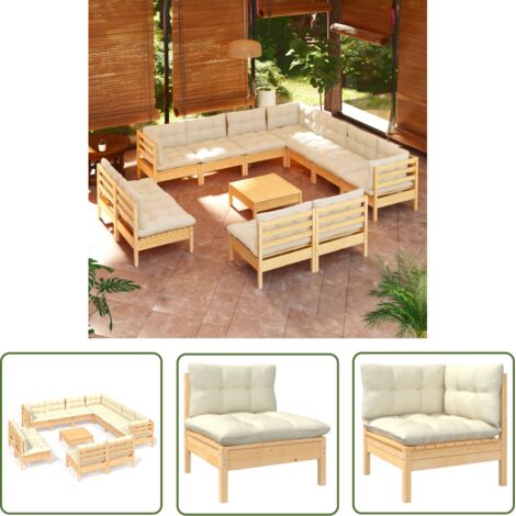 INLIFE Salon de jardin 12 pcs avec coussins crème Bois de pin massif (1/5)