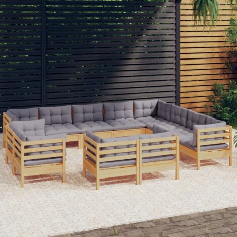 INLIFE Salon de jardin 12 pcs avec coussins gris Bois de pin solide (1/5)