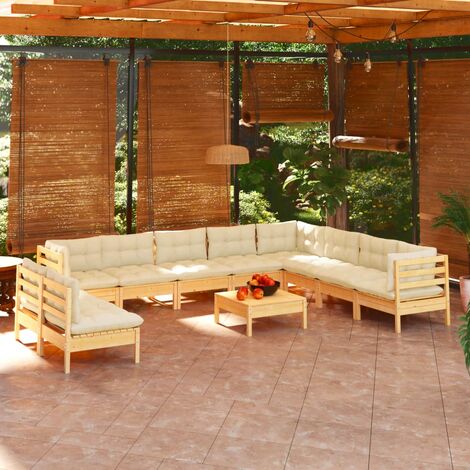 INLIFE Salon de jardin 11 pcs avec coussins crème Bois de pin solide (1/5)