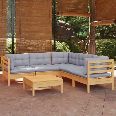 INLIFE Salon de jardin 6 pcs avec coussins gris Bois de pin solide (1/5)