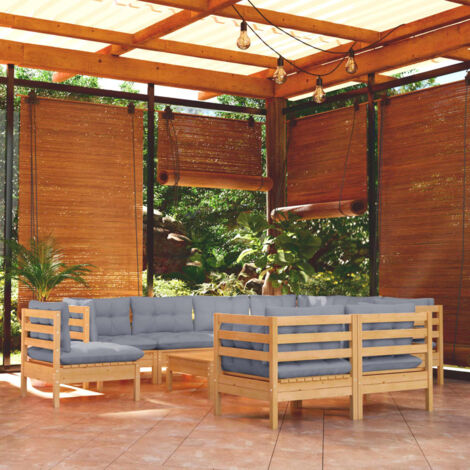 INLIFE Salon de jardin 10 pcs avec coussins gris Bois de pin solide (1/5)