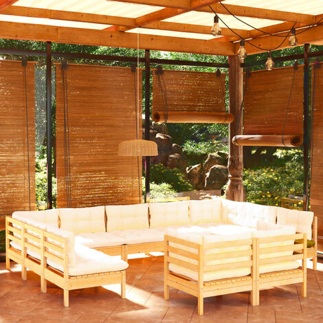 INLIFE Salon de jardin 11 pcs avec coussins crème Bois de pin solide (1/5)