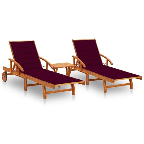 INLIFE Chaises longues 2 pcs avec table et coussins Acacia solide (1/5)