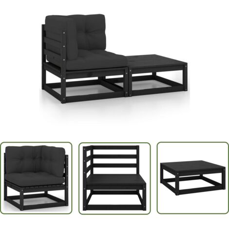 INLIFE Salon de jardin 2 pcs avec coussins Noir Bois de pin massif (1/5)
