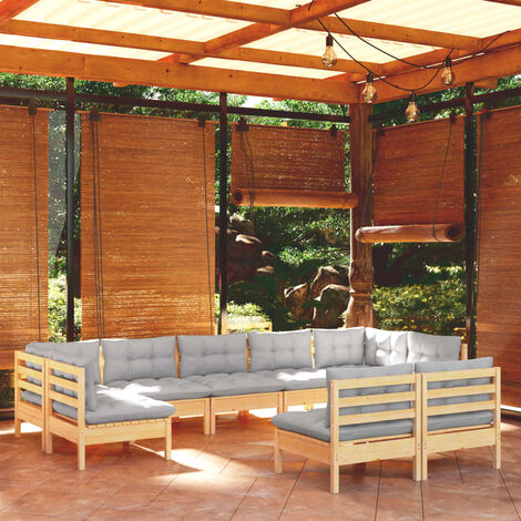 INLIFE Salon de jardin 9 pcs avec coussins gris Bois de pin solide (1/5)