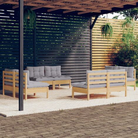 INLIFE Salon de jardin 8 pcs avec coussins gris Bois de pin (1/5)