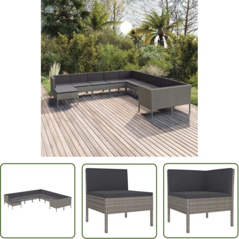 The Living Store Salon de jardin 11 pcs avec coussins Résine tressée Gris - Salon De Jardin - Mobilier De Jardin - Set De Salon De Jardin - Résine Tressée - Chaise Longue (1/5)