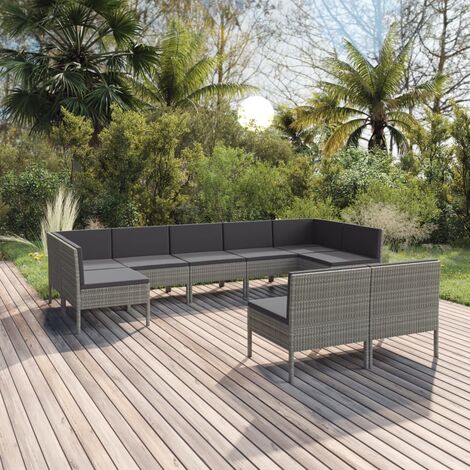 INLIFE Salon de jardin 9 pcs avec coussins Résine tressée Gris (1/5)