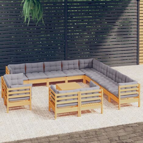 INLIFE Salon de jardin 14 pcs avec coussins gris Bois de pin solide (1/5)