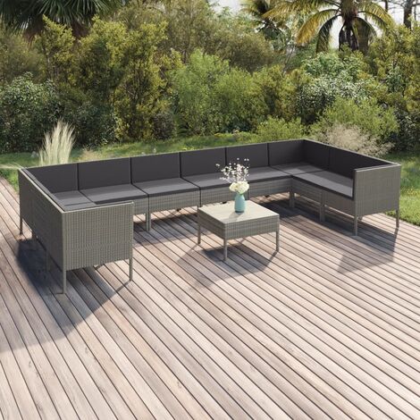 INLIFE Salon de jardin 11 pcs avec coussins Résine tressée Gris (1/5)