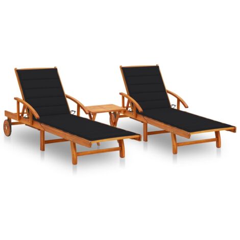 INLIFE Chaises longues 2 pcs avec table et coussins Acacia solide (1/5)