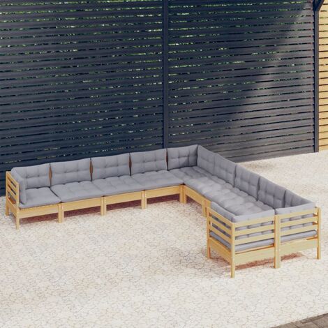 INLIFE Salon de jardin 10 pcs avec coussins gris Bois de pin (1/5)