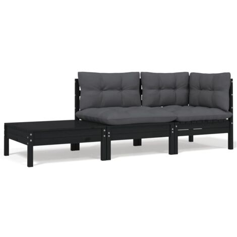 INLIFE Salon de jardin 3 pcs avec coussins Noir Bois de pin massif (1/5)