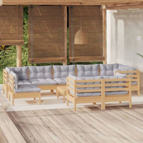 INLIFE Salon de jardin 10 pcs avec coussins gris Bois de pin massif (1/5)