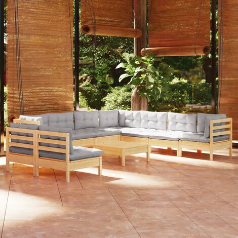 INLIFE Salon de jardin 10 pcs avec coussins gris Bois de pin solide (1/5)