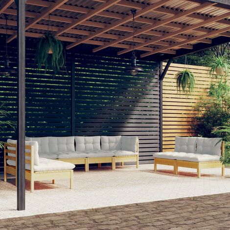 INLIFE Salon de jardin 8 pcs avec coussins crème Bois de pin massif (1/5)