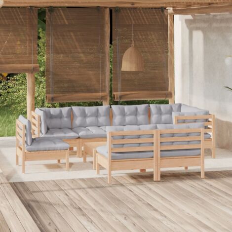 INLIFE Salon de jardin 9 pcs avec coussins gris Bois de pin massif (1/5)