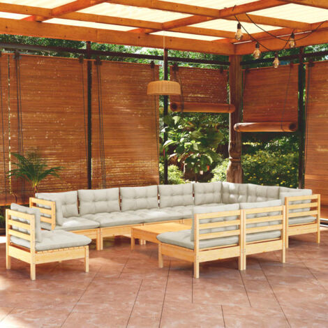 INLIFE Salon de jardin 11 pcs avec coussins crème Bois de pin solide (1/5)