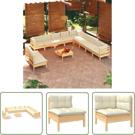 INLIFE Salon de jardin 12 pcs avec coussins crème Bois de pin massif (1/5)