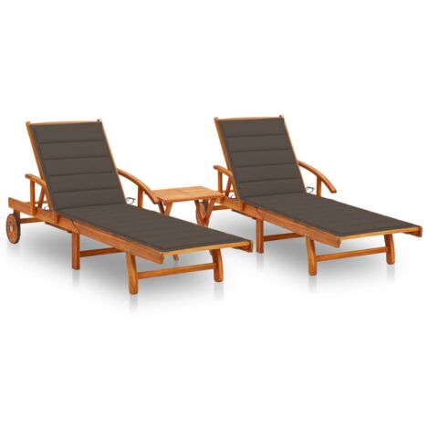 INLIFE Chaises longues 2 pcs avec table et coussins Acacia solide (1/5)