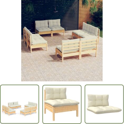 INLIFE Salon de jardin 8 pcs avec coussins crème Bois de pin (1/5)